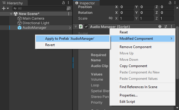 Applying the edits to the Audio Manager Prefab